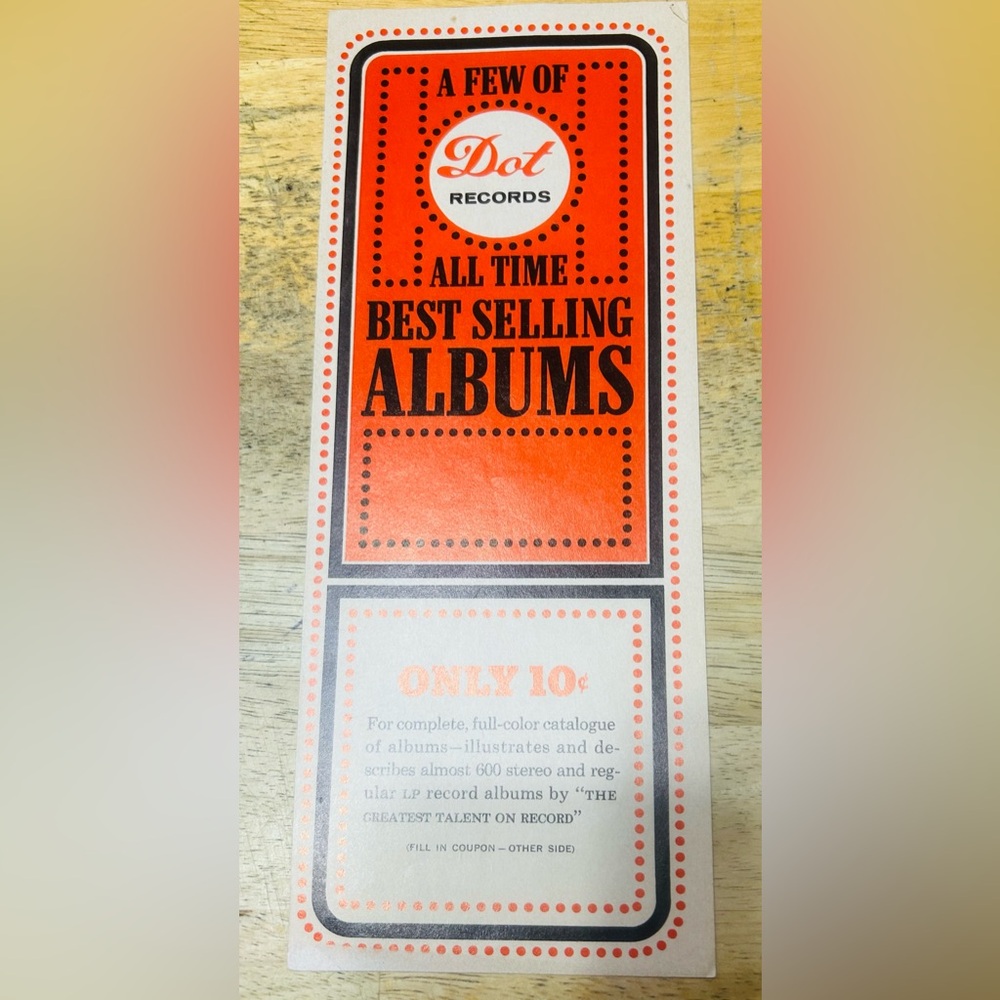 Vintage 1960’s Dot Records paper catalogue request form. Excellent condition.